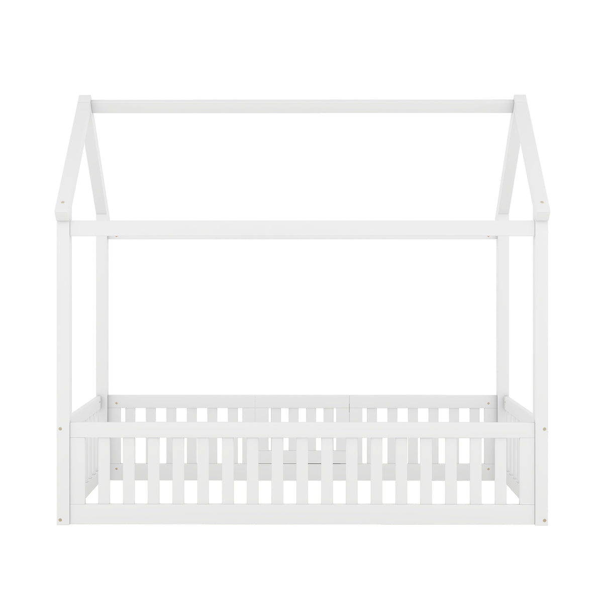 Twin Size Wood House Bed with Fence and Door, White